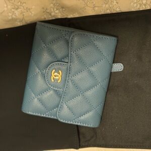 CHANEL Quilted Small Wallet in Teal with Gold CC